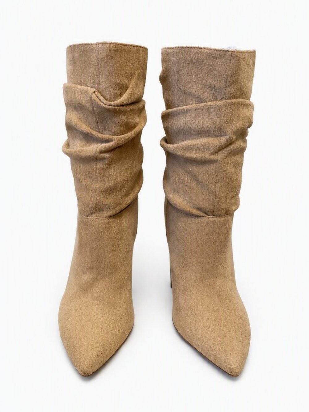 Tan Faux Suede Slouch Boots | 4” Heel Pointed Toe | Night‑Out Statement Style